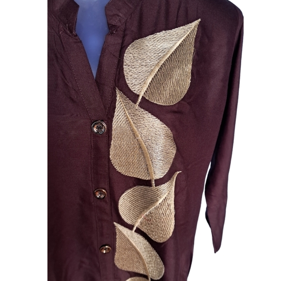 Unique Leaf Golden Embroidered Brown Kurta - Picture 3 of 6